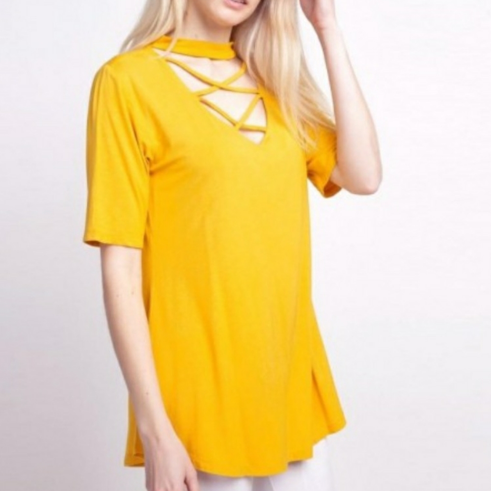 Yellow Gold Criss-Cross Halter Tunic Top Blouse